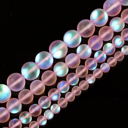 15" Pink Round Glitter Frosted Austria Crystal Dull Polish Moon Stone Loose Beads For Jewelry Making Bracelet Neck 6-12mm