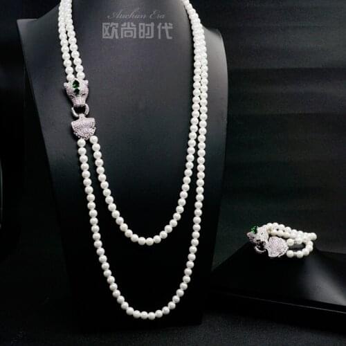 Natural AAA 7-8MM Freshwater pearl double layer sweater chain long leopard head multi layer necklace 25INCH Bracelet womens gif