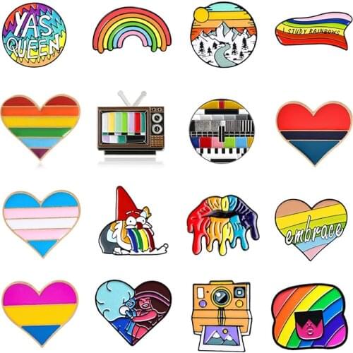 Rainbow heart Enamel Brooch Girl hugs Lips television flag camera ruler Snow Mountain Dwarf vomit Lapel Pin Fashion Badge gift