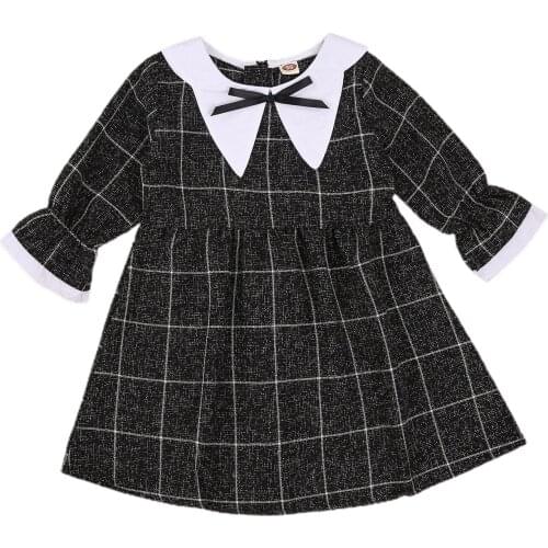 FOCUSNORM Girl’s Fashion Plaid Dress Print Ruffles Long Sleeve Bowknot Peter Pan Collar A-Line Princess Dress