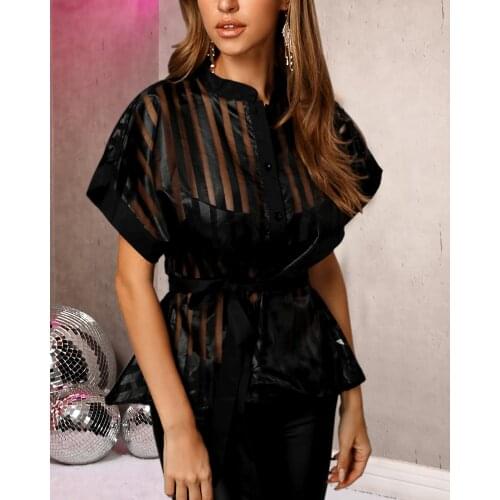 Women T-Shirts Striped Collar Neck Mesh Sheer Short Sleeve Top See Through Patchwork Summer Ruffles T Shirt Sexy Irregular 2020