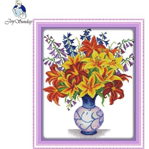 Joy Sunday Yellow Lily Vase Embroidery Kit Precise Printed Handmade Needlework Cross Stitch Set Cross-Stitching of Home Ornament