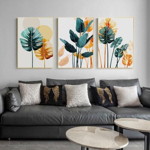 Nordic Style Golden Green Leaves Painting Art Decorative Picture Home Wall Ornament Living Room Unique Decoration No Frame