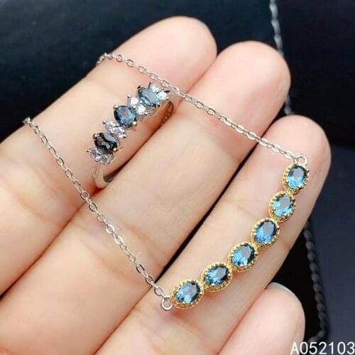 KJJEAXCMY fine jewelry 925 sterling silver inlaid Natural London Blue Topaz Womens simple and generous gem ring pendant set sup