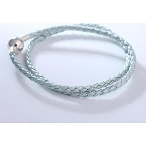 Light Blue Color Leather Bracelets for Women Smooth Round Ball Clasp Silver 925 Jewelry Braided Rope Charms Bracelets DIY Making