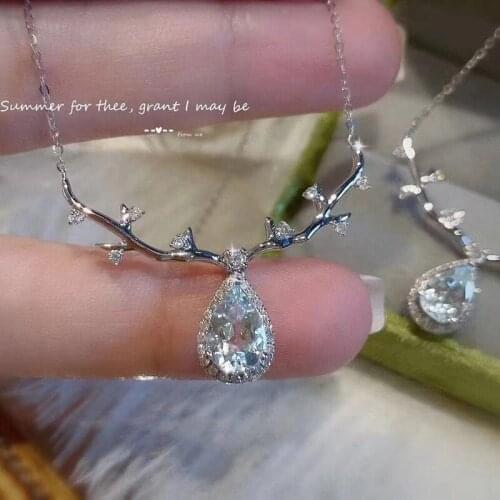 Creative Elk Antlers Necklace Dainty Water Drop Crystal Pendant Necklace Fashion Silver Color Clavicle Chain Necklaces For Women