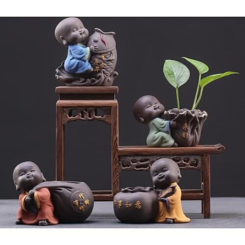 Creative Purple Clay tea Pet Lovely Buddha Monk Figurine Ornament Handmade Tea Play Desktop Accessories Boutique Crafts