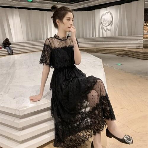 Summer Dress Women Short Sleeve Lace Dress Big Size S-3XL Dress Elegant Lady Long Party Dressess Vestidos платье Bottomings 1342