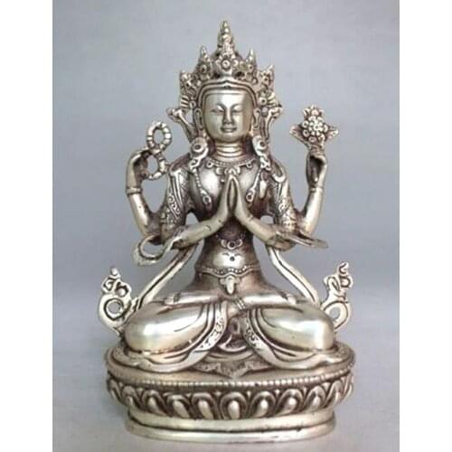 Copper Statue Tibet Buddhism Silver Bodhisattva Four-armed Avalokiteshvara Buddha Statue 14cm height