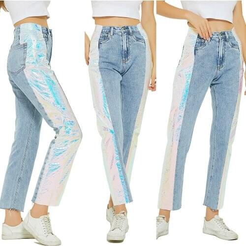 Trendy Womens Wear Loose Boyfriends' Style Jeans Womens Pants Splicing Luminous Fantasy Color Cloth High Waist Nine Point Jean
