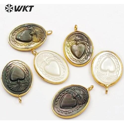 WT-JP055 Wholesal New Arrival White Shell Virgin love Pattern Round Shape Pendants Metal Electroplated for Jewelry