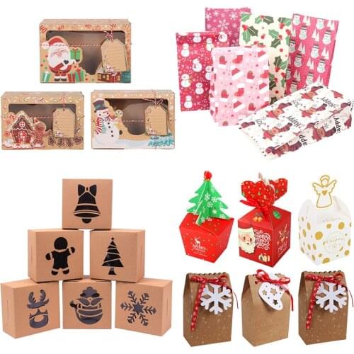 Merry Christmas Paper Gift Boxes Christmas Cookies Candy Pack Box Treat Bag Xmas new year party decorations for kids favors noel