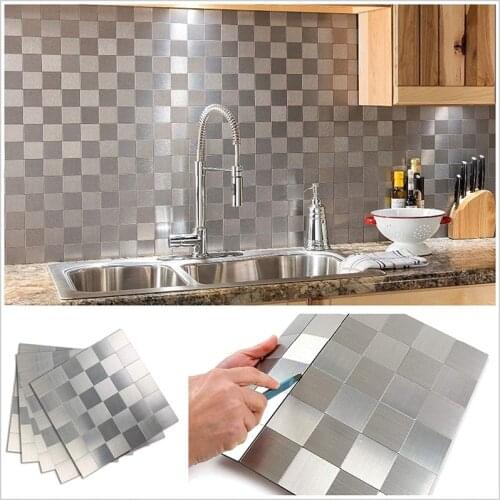 Peel and Stick Tile Backsplash Self Adhesive Wall Sticker for Kitchen Wall Decor Aluminum Surface Metal Tile Silver Square Plaid