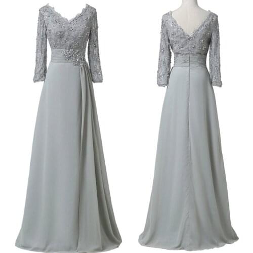Gray Mother of the Bride Dress Long Sleeves Lace Beaded Pleats A-Line Chiffon Long Mother Formal Party Gowns Plus Size Cheap