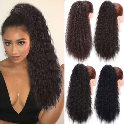 Synthetic Long Curly Ponytail Extension 22 Inch Black Drawstring Ponytail Corn Hair Piece for Black Women