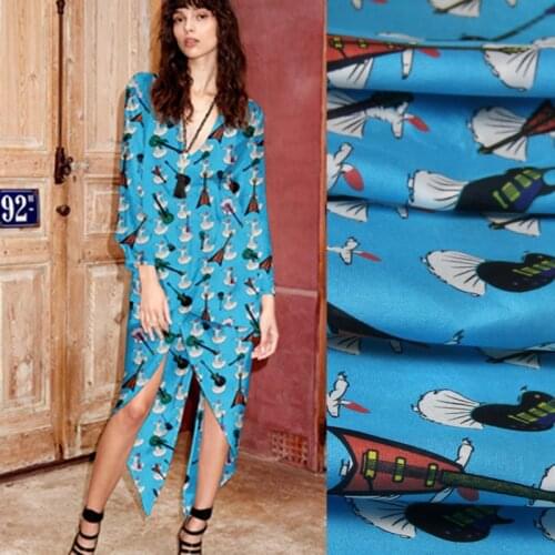 135CM Wide 12MM Cartoon Piano Print Blue Silk Crepe de Chine Fabric for Summer Blouse Dress Shirt Clothes D820