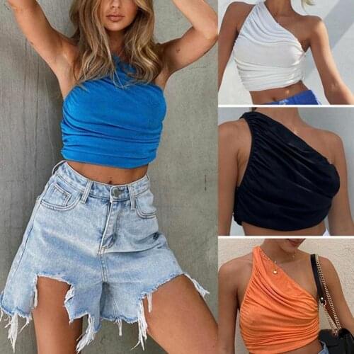 Women Top Streetwear Tees Graphic Short Sleeve White T-shirts Oblique Shoulder Sleeveless Pullover Women Folds Navel Exposed Top