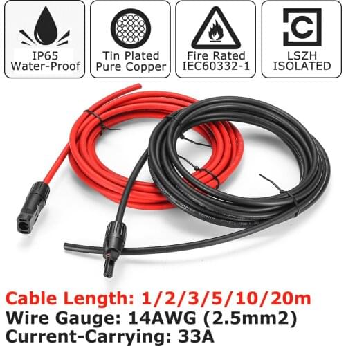 Solar Panel Extension Cable Copper Wire 2.5mm 14AWG Black and Red with for Connector Solar PV Cable