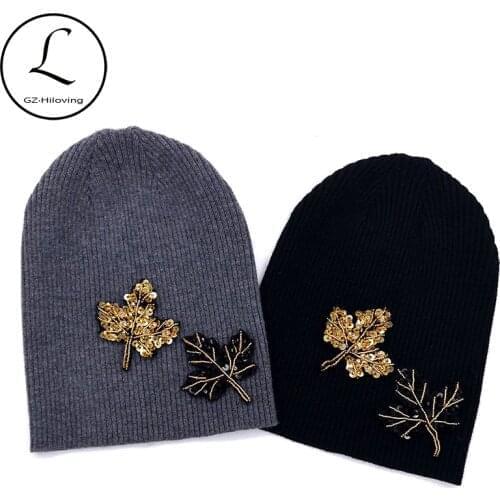 GZHilovingL Spring Women Tree Beads Rhinestones Knitting Slouch Hats Caps Female Soft Cotton Wool Baggy Thin Ribbed Beanies Hats
