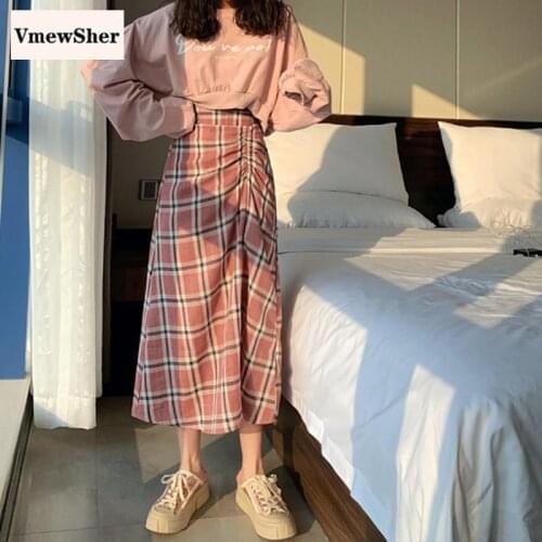 VmewSher New Vintage Plaid Shirring Skirts Women Elastic High Waist 2021 Summer Mid-calf Long Length Irregular Pink Sweet Skirt