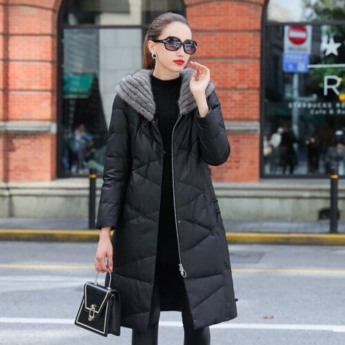 Genuine Leather Jacket Women Hooded Sheepskin Coat Female Warm Womens Winter Down Jackets Real Fur Collar Abrigo Mujer Pph1805