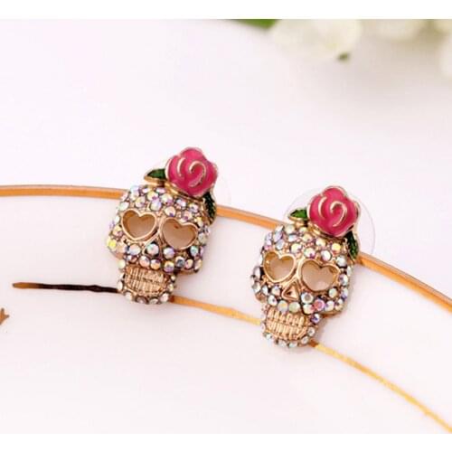 Women New Fashion Roses Skull Head Brincos Oorbellen Colored Crystal Stud Earrings Women Jewelry