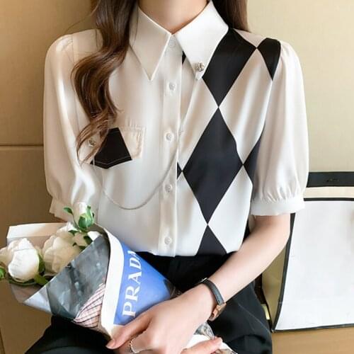 QOERLIN Chiffon Shirts Women 2021 Summer Korean Short Sleeve Chain Shirt Blouse Single-Breasted Top Shirt Office Lady Chic Shirt