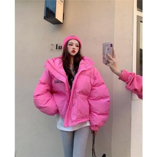 Korean Printed Down Jacket Womens Winter Thick Warm Bubble Coats 2021 New Candy Color Loose Hooded Woman Parkas