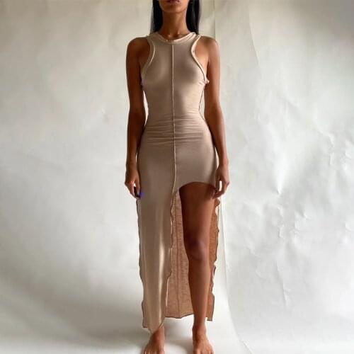 Hirigin Patchwork Women Sleeve Midi Dress High Slit Bodycon Sexy Party Club Streetwear 2021 Summer Clothes Slim Fashion