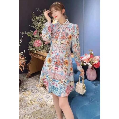 Beautiful Dress 2021 Autumn Style Women Turn-down Collar Charming Floral Print Long Sleeve A-Line Casual Party Gorgeous Dress