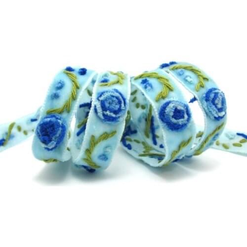 3 Colors|Yarn Flowers Embroidered on Light Blue Velvet Ribbon|Sewing|Quilting|Craft Supplies|Hair Accessories