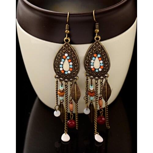 Bohemian Retro Style Fashion Earrings Alloy Drop-Shaped Pendant Geometric Carved Pattern Chain Alloy Leaf Pendant Tassel Earring
