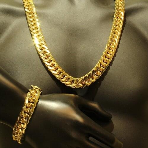 Thick Golden Men Chains Jewelry Sets Yellow Gold Filled Chunky Tight Curb Link Chain Necklace Bracelets Man Jewelry