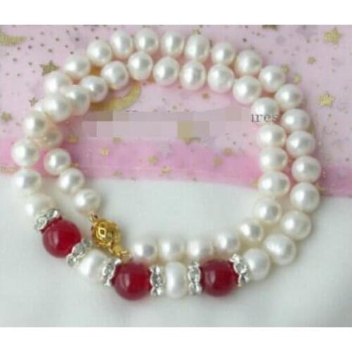Elegant FW white pearl 9-10mm red jade Necklace