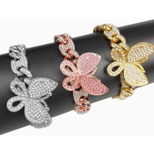 Hip Hop Bling Iced Out 2 Row Cz Miain Cuban Chain Bracelet Men Women coffee bean Stone Butterfly Link Bracelets 12mm