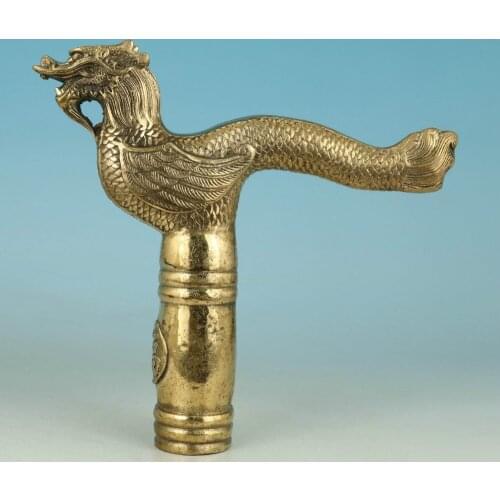 Chinese Old Brass Collectable Handwork carved Dragon Statue Walking Stick Head