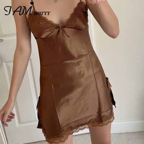 Y2k Lace Patchwork Night Satin Cami Dress Women Party Brown Aesthetic Streetwear Sweet Milkmaid Dresses Female Summer Iamhotty