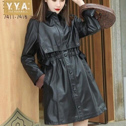 Autumn Elastic Waist Sheepskin Genuine Real Leather Long Jackets Women Casual Windbreaker Trench Coats Leather Jacket Streetwear