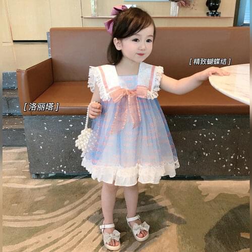 Summer Girls Kids Lolita Princess Dress Children Baby Infants Lace Lapel Collar Sweet Bow Party Ball Gown Dresses 2-6 Yrs
