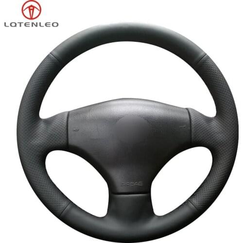 LQTENLEO Black Genuine Leather Hand-stitched Car Steering Wheel Cover For Peugeot 206 2002 2003 2004 2005 2006