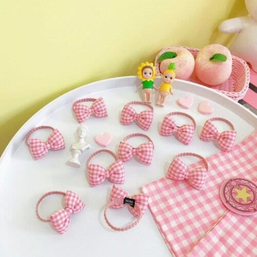 Cute girl heart pink plaid bow hair ring children hair rope girl elastic jewelry