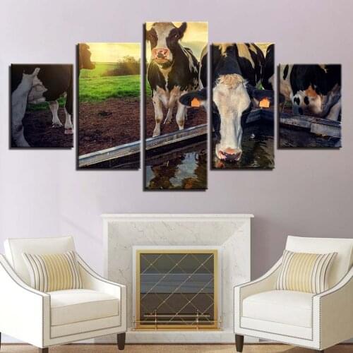 Modular Canvas HD Prints A Herd of Cows Pasture Scenery Posters Home Decor Wall Art Pictures 5 Pieces Art Paintings No Frame