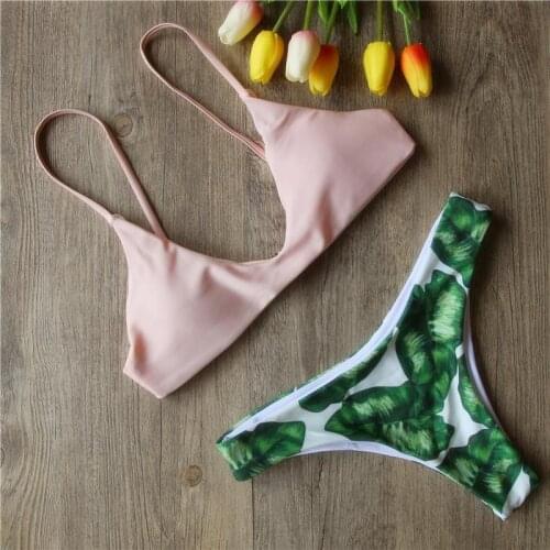2021 New Summer Split Swimwear Bikini Green Leaf Sexy Swimsuit Suit Women Printing Bra + Panties Swimwear Women