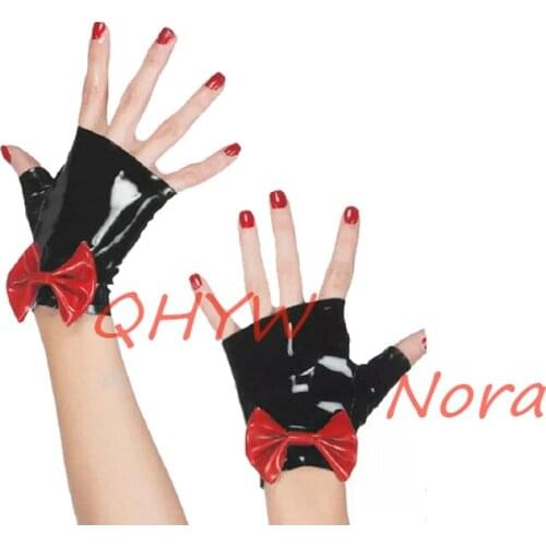 Sexy Design Unisex Latex Exotic Lingerie Black with Red Bows No Fingers Short Wrist Gloves Club Cekc Zentai Fetish