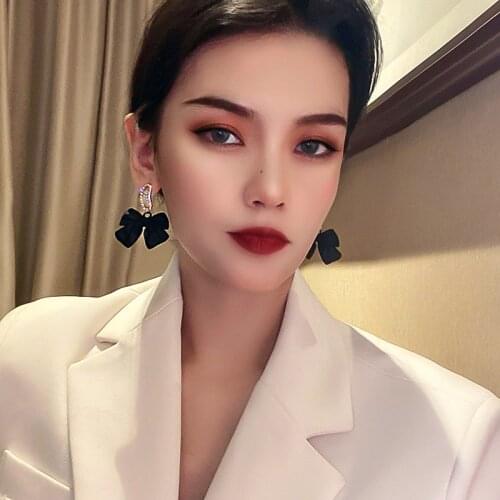 FYUAN Korean Style Black Acrylic Bowknot Dangle Earrings for Women Rhinestone Earrings Party Jewelry