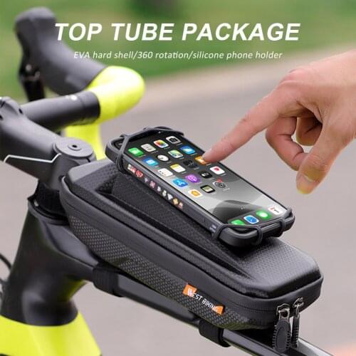 Bike Front Frame Bag EVA Hard Shell 1.8L Bicycle Top Tube Bag Waterproof With 360 Degree Rotating Phone Holder For 4" To 6.5"