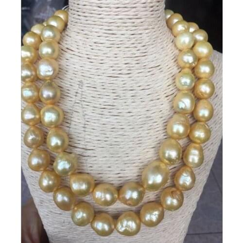 Double strands gorgeous 13-14mm south sea round gold pearl necklace 18"19"