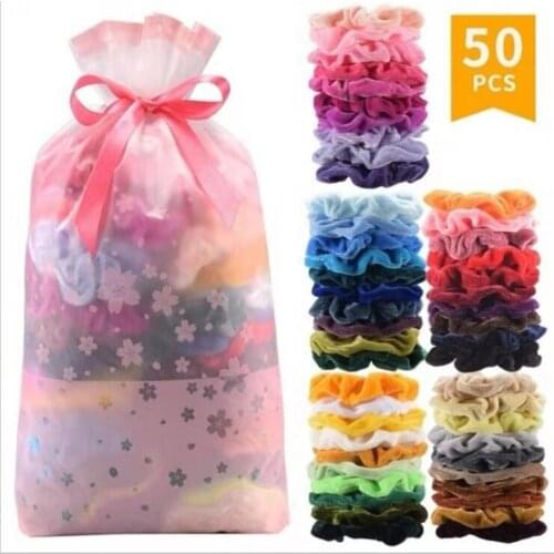 50 Colors Vintage Hair Scrunchies Stretchy Velvet Scrunchie Pack Women Elastic Hair Bands Girl Headwear Plain Rubber Hair Ties