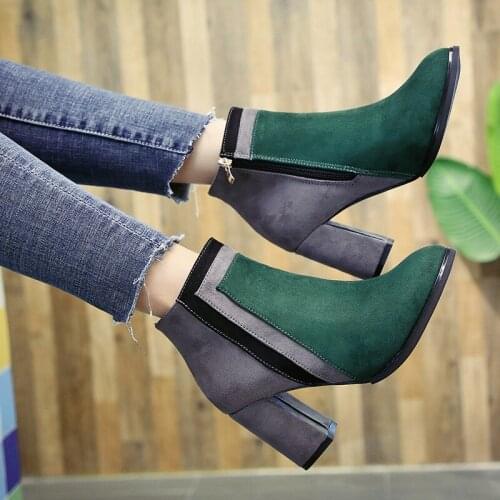 Women Ankle Boots Autumn Winter Boots Classic Zipper Snow Ankle Boots Flock Warm Chunky High Heels 8cm Green Black Color 35-39