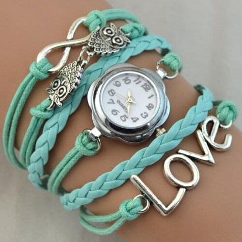 Women Bracelet Watch Owl Love Wax Rope PU Leather Handmade Ladies Fashion Female Bracelets